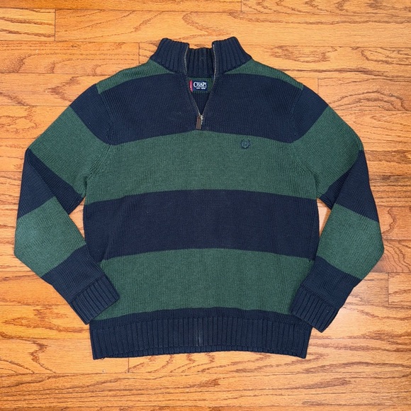 Vintage 90s Y2K Chaps by Ralph Lauren Green Blue Striped Knit Sweater Large - Picture 1 of 3